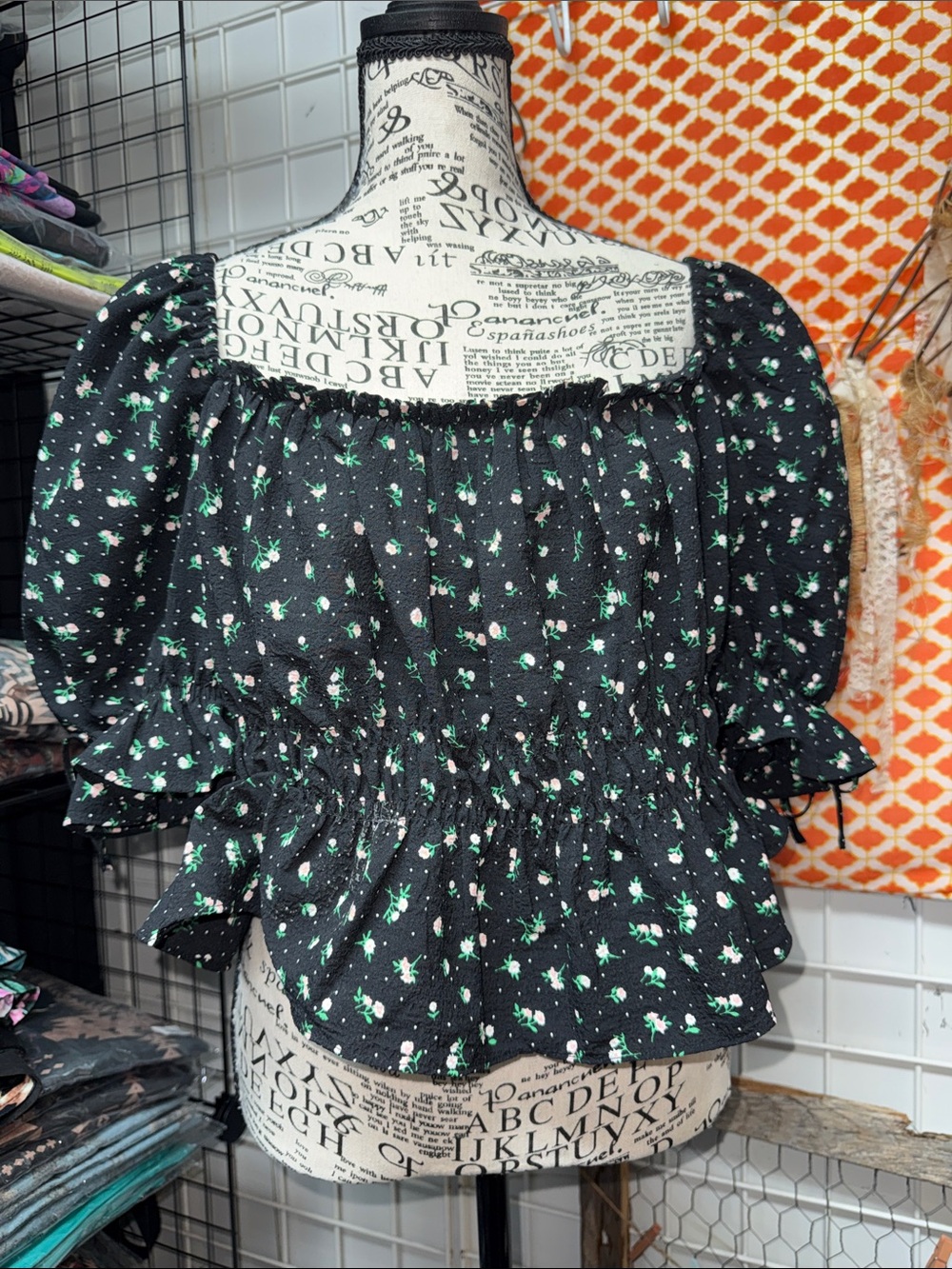 Divided Black Floral Smocked Peplum Puff-Sleeve Top